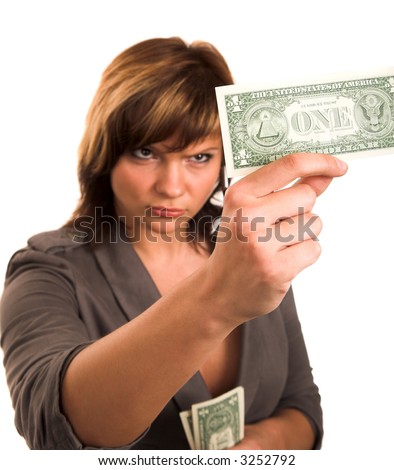 young woman with one dollar bank note