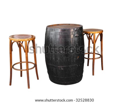 Barrel with Two Cane Stools isolated with clipping path