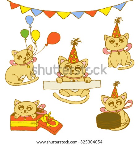 Hand-drawn doodle sketch. Vector set of funny cats with balloons, festive hats, gifts, cakes and decorations, congratulating happy Birthday. All isolated.