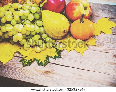 Autumn background with colorful leaves and pumpkins on rustic wooden board. Fall fruit and vegetables on wood. Thanksgiving dinner and Halloween holidays concept. Harvest rural fall season. Copyspace.