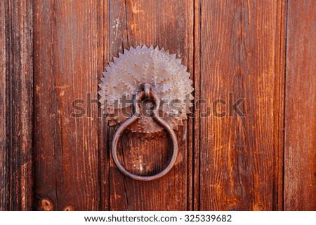 Old design door handle on wooden door close-up. vintage knocker 