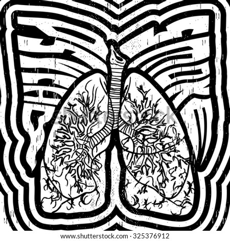 Psycho Smoke - vector illustration with lungs - crazy psychedelic monochrome style