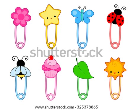 Colorful safety pin collection with nature objects and cupcake isolated on white background