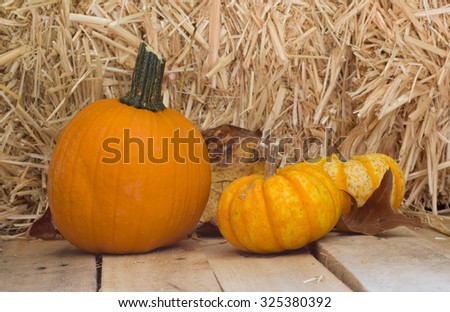 Pumpkins on a rustic wood surface with a straw bale in background
