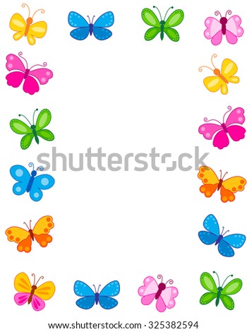 Colorful butterfly frame with differend shaped and colored butterfly collection and empty white space on center 