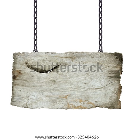 Old wooden signs hanging on a chain isolated on white