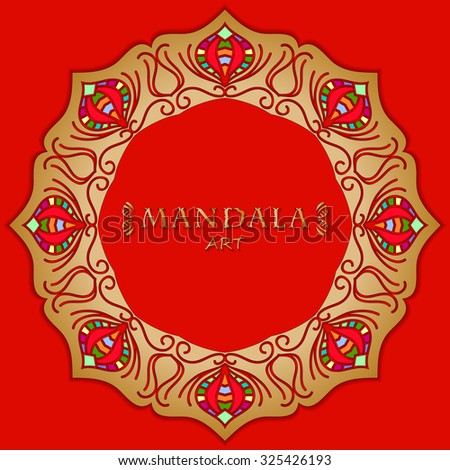 elegance golden lace ornament frame over red background, mandala, vector illustration.