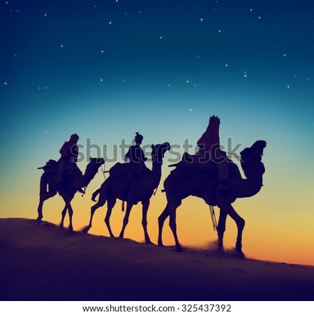 Three Wise Men Riding Camel Desert Dusk Concept Royalty-Free Stock Photo #325437392