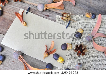 Set of dry flowers pines and paper sheets on wooden table,vintage retro style.
