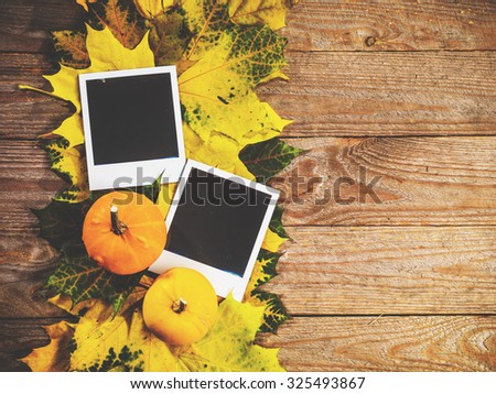 Autumn background with colorful leaves and pumpkins on rustic wooden board. Creating fall season memories with retro photo cards of photo frames. Thanksgiving and Halloween holidays concept. Copyspace