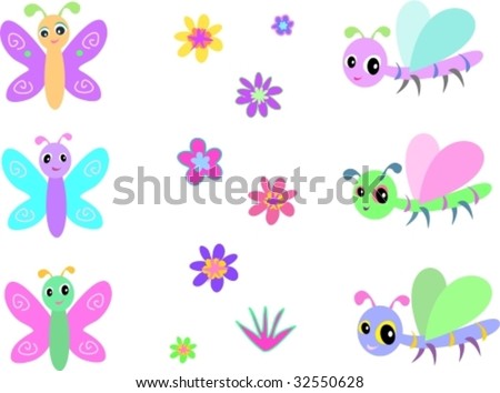 Collection of Baby Dragonflies, Butterflies, and Flowers Vector