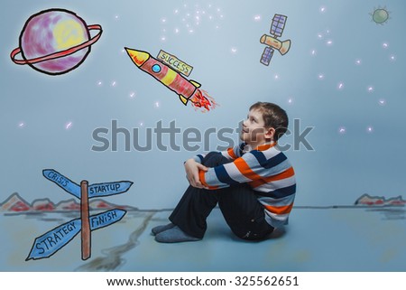 teenager boy sitting dreaming of space inscription success strategy startup finish planet rocket flies