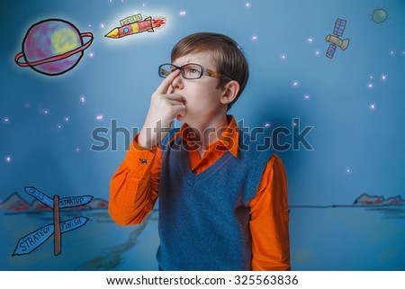 Teenage boy thinking with glasses dreams of space rocket flies inscription success strategy startup finish planet
