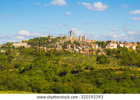 Beautiful landscape with the medieval city of San Gimignano in Tuscany, province of Siena, Italy.