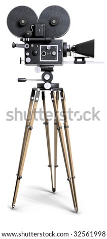An old-fashoned movie camera on a tripod isolated on white. Royalty-Free Stock Photo #32561998