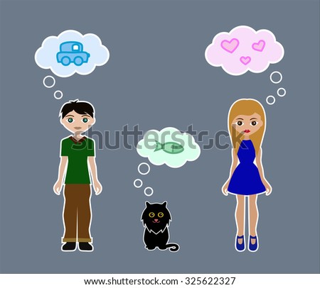 Man, woman and cat think about various dreams. Concept of different types of thinking. Illustration