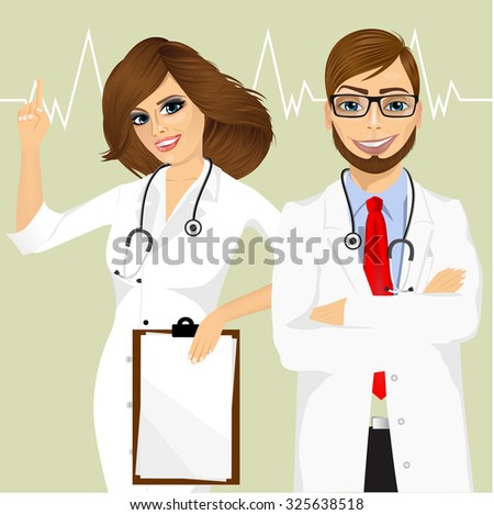 portrait of experienced male doctor with arms folded and smiling female doctor with clipboard pointing up