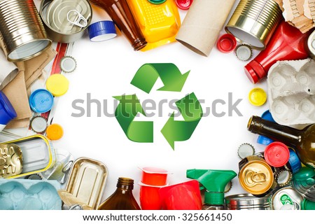 A selection of garbage for recycling. Segregated metal, plastic, paper and glass