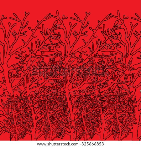 Vector illustration of hand drawn trees in forest, woods. Background pattern backdrop seamless distressed. Black & red colors.