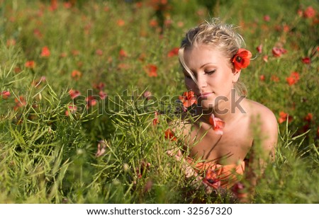girls flower poppy meadow