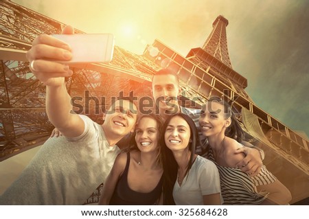 Self of Group friends on the one of the most popular travel place in world - Eiffel Tower.