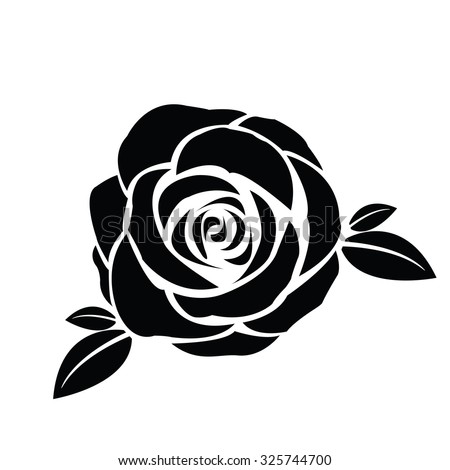 Black silhouette of rose with leaves