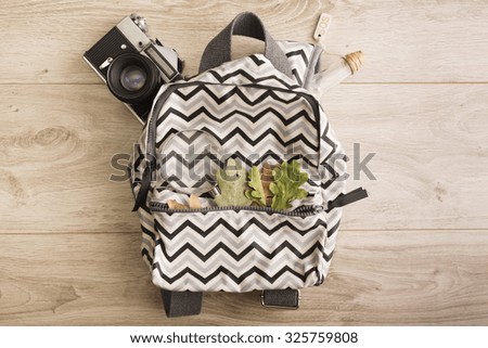 Backpack with autumn leaves, camera, message in the bottle and magnifying glass