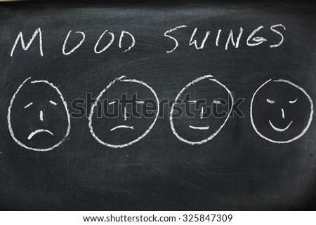 Faces from sad to happy on a blackboard showing mood swings. Royalty-Free Stock Photo #325847309