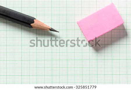 Pencil and Eraser on green graph paper with copy space , Selective focus, Selective focus