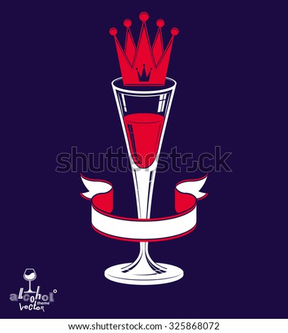 Realistic 3d luxury glass of champagne with king crown, alcohol theme illustration. Stylized artistic lounge object, relaxation and celebration