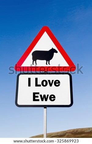 Red and white triangular road sign with an I Love Ewe play on words concept against a partly cloudy sky background