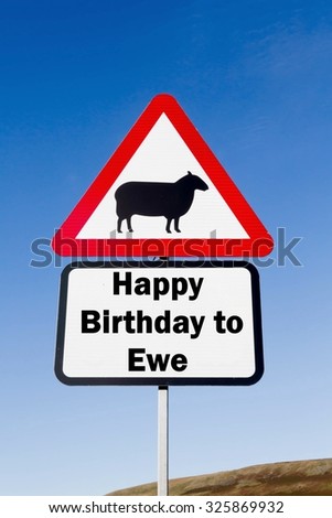 Red and white triangular road sign with an Happy Birthday to Ewe play on words concept against a partly cloudy sky background