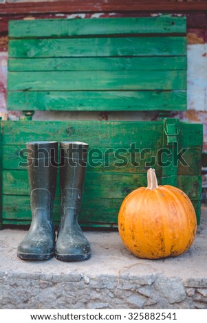 Picture of black gumboots standing beside pumpkin in barn. Autumn closeup with green aged wooden box on blurred countryside background.
