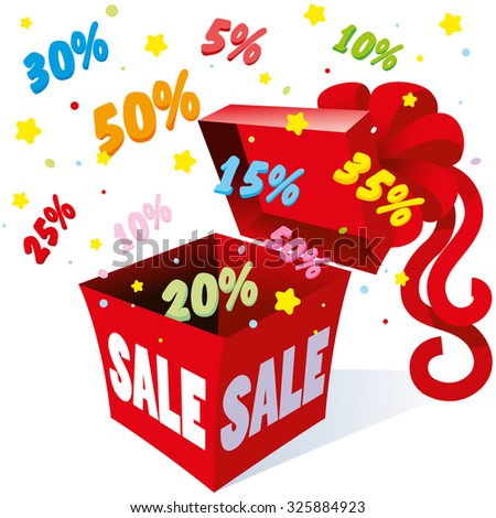 Holiday gift packaging box with bow from which the fireworks fly colorful symbols per cent for different sales and great deals for saving money, vector