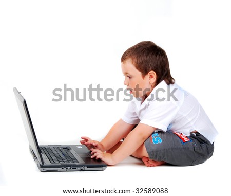 a small boy and a computer on a white background