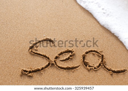 The word Sea written on the sand  with white wave an background