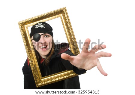Female pirate in black coat holding photo frame isolated on white