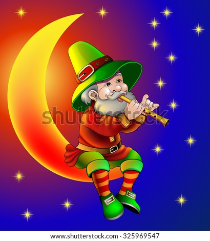 illustration magician plays on flute sitting on moon in the night
