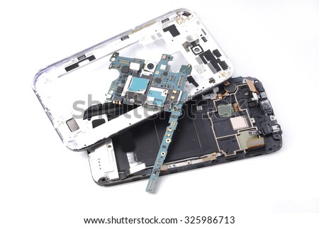 Broken smart phone , mobile phone parts on white background