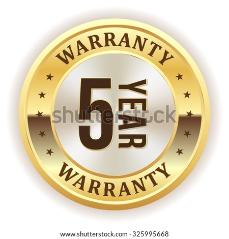 Gold 5 year warranty badge on white background