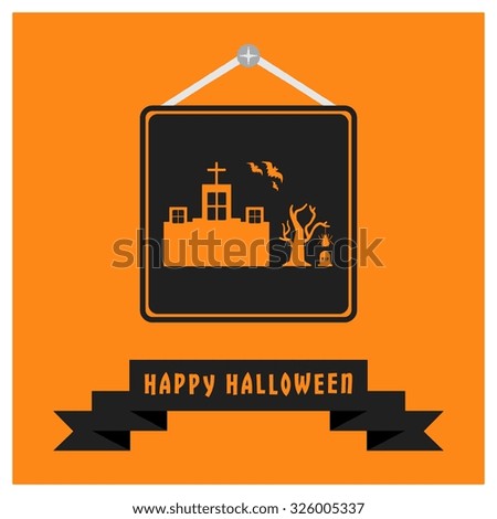 Old Church Building with tree and spider net Bats flying icon. Black Happy Halloween Ribbon Banner on Orange background. Vector illustration