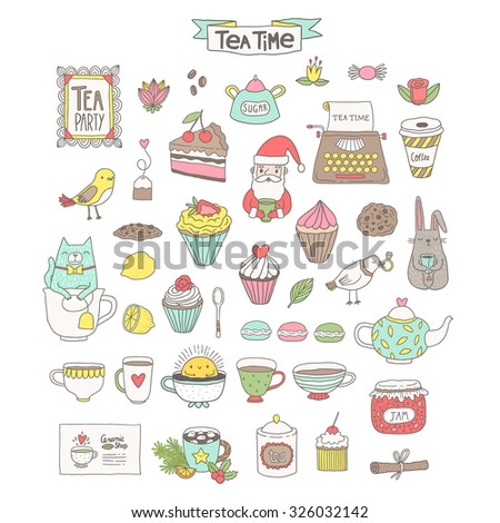 Cute cartoon hand drawn illustration. Cat in the cup,little bird,tea bag,mugs,cupcake,macaroon and muffin,Santa Claus,Christmas objects. Doodle vector food and animal clip art.