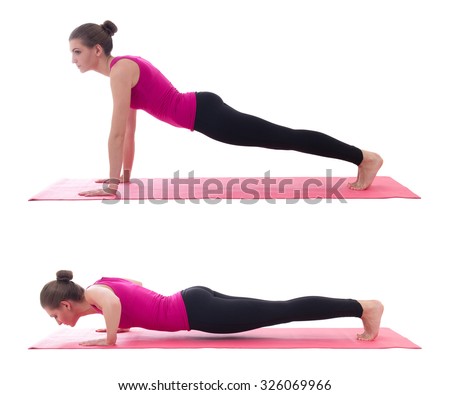 sport concept, push up instruction -  beautiful woman doing push up exercise on yoga mat isolated on white background Royalty-Free Stock Photo #326069966