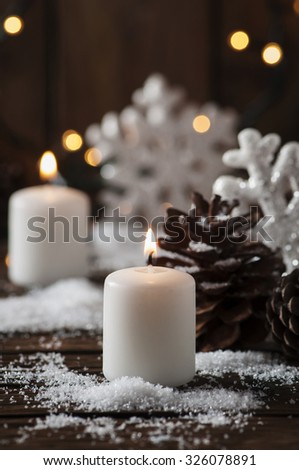 Christmas card with snow and balls, selective focus