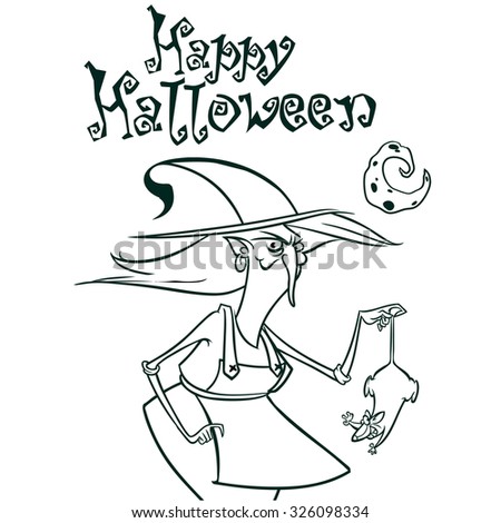 Halloween witch in hat holding a rat in her hand outlines. Vector illustration of witch silhouette. Coloring book