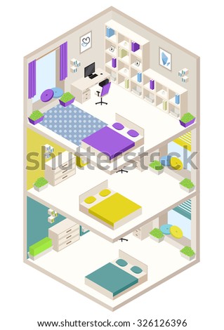 vector green, yellow, violet multistory  isometric rooms 