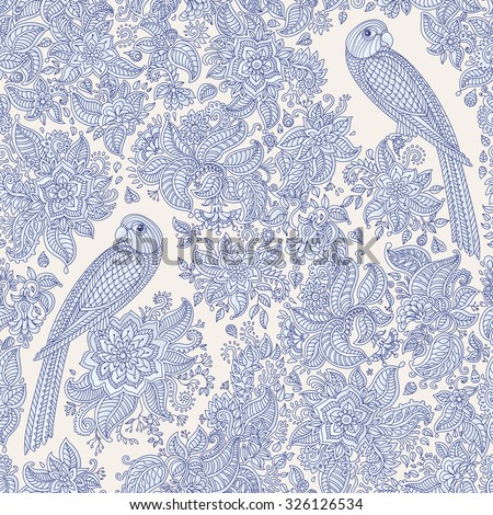 Vector floral seamless pattern. Exotic bird with fantastic flowers, leaves. Light blue grey fairy parrot silhouette in the jungle on a beige background. Textile bohemian style print. Batik painting Royalty-Free Stock Photo #326126534