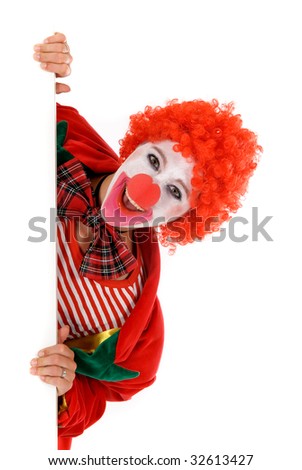 Colorful dressed female holiday clown, happy joyful expression on face. Studio shot.