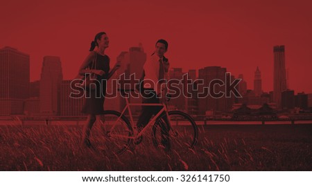 Business Man Woman Pushing Bike City Concept