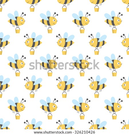 vector seamless pattern with cute bees with buckets
